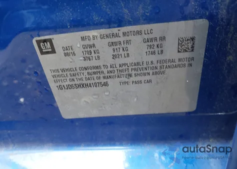 2017 Chevrolet Sonic Lt Auto z USA, uszkodzony, nr VIN 1G1JD5SHXH4107546